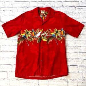 Winnie Fashion Red Hawaiian Button Down Shirt Short Sleeve Parrot Print Size XL